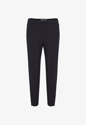 Mustat räätälöidyt housut slim fit -tyylillä, varustettuna sivutaskuilla ja vetoketjuilla nilkoissa säädettävää istuvuutta ja tyyliä varten.