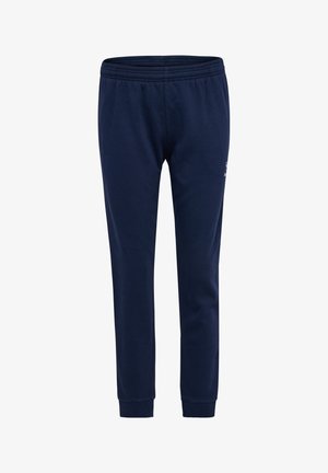 Navyblaue Sweatpants aus weichem Baumwollmaterial, mit einem elastischen Bund und gerippten Bündchen, dazu dezente Logodetails an einem Bein.