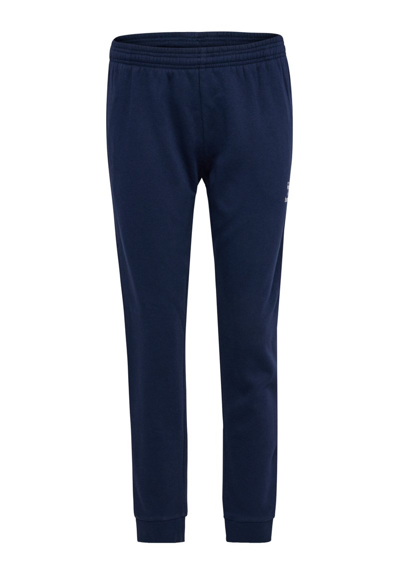 Granatowe spodnie dresowe wykonane z miękkiej bawełny, z elastycznym pasem i ściągaczami u dołu, z dyskretnym detalem logo na jednej nodze.