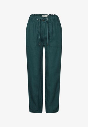 Teal linnedragter med snor i taljen, der har to sidelommer og en afslappet pasform. Glat tekstur; enkel, uudsmykket design.