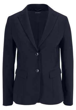 Blazer tailored in colore navy con rever a punta, due bottoni frontali e due tasche laterali. Presenta una texture liscia e un design classico.