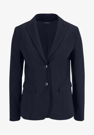 Granatowa marynarka o dopasowanym kroju z klapami, dwoma przednimi guzikami i dwoma bocznymi kieszeniami. Charakteryzuje się gładką teksturą i klasycznym designem.