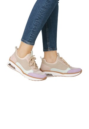Lightweight sneakers with a mix of beige, purple, and mint green materials, featuring laces, mesh panels, and a cushioned sole with air pocket.
