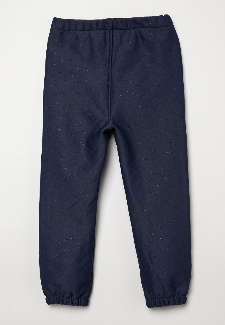 Leggings blu navy con un motivo a spina di pesce testurizzato, vita elastica e polsini arricciati, progettati per il comfort e la libertà di movimento.