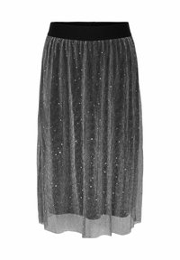 Falda negra plisada con una cinturilla de satén, con rayas metálicas verticales y puntos plateados dispersos a lo largo de la tela.