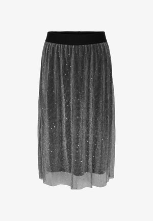 Czarna plisowana spódnica z satynowym paskiem w talii, z pionowymi metalicznymi paskami i rozsianymi srebrnymi kropkami na całej tkaninie.