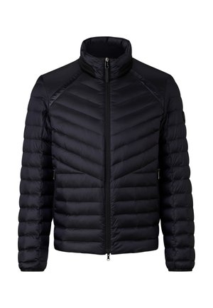 Černá péřová bunda s vysokým límcem, vertikálním cikcak vzorem a předním zipem. Má elastické manžety a dvě boční kapsy.