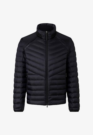 Black puffer jacket with a high collar, vertical chevron pattern, and zippered front. Features elasticized cuffs and two side pockets.