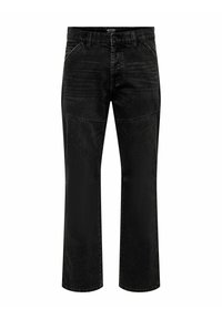 Jeans de denim negro con corte recto, que presentan un ligero desgaste, bolsillos frontales y detalles de costura en los muslos.