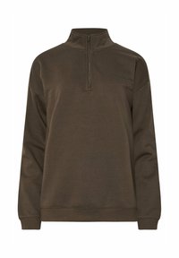 Felpa marrone con zip e colletto alto, maniche lunghe e vestibilità comoda. Presenta un piccolo logo testuale sul petto e polsini a coste.