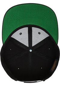 Căciulă de baseball neagră cu vizieră plată verde. Interiorul are un căptușel gri și șase orificii de ventilație. Partea de sus are o formă rotunjită.
