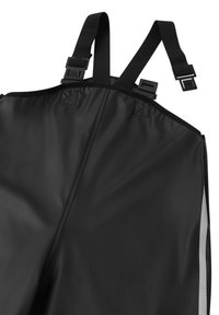 Sorte vanntette jumpsuit med justerbare stropper, sølvreflekterende detaljer, glatt tekstur og sømdetaljer. Designet for utendørs bruk.