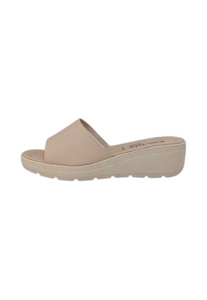 Sandalo beige con zeppa, punta aperta e suola strutturata, pensato per un uso casual e un comfort facile da calzare.