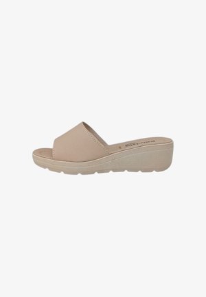 Sandalo beige con zeppa, punta aperta e suola strutturata, pensato per un uso casual e un comfort facile da calzare.