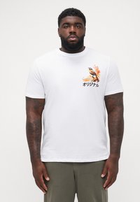 Witte katoenen t-shirt met een kleurrijke vogelafbeelding en Japanse tekst op de linkerborst, ronde halslijn en korte mouwen.