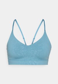 Világoskék bralette virágmintával, állítható vékony pántokkal, mély V-kivágással és varrás nélküli dizájnnal, ami sima végeredményt biztosít.