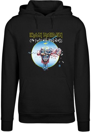 Sort hættetrøje med grafikdesign af et kranium, blå akcenter og teksten "Iron Maiden Can I Play With Madness." Blødt stof.