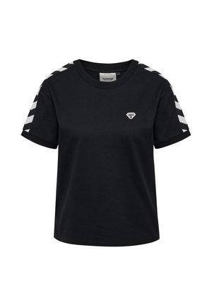 Zwart katoenen T-shirt met een ronde hals, korte mouwen en contrasterende witte zigzagstrepen op de schouders. Klein logo op de borst.