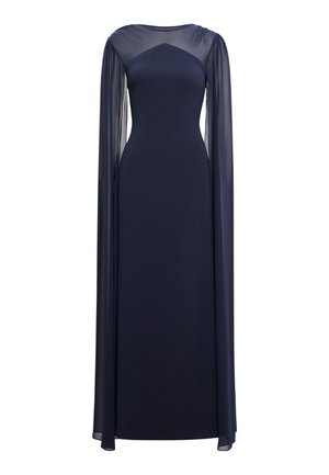 Tmavomodré dlhé šaty s priehľadnými dlhými rukávmi a priehľadnou vsadkou na výstrihu, priliehavým živôtikom a voľnou sukňou.