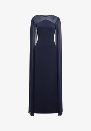 Tmavomodré dlhé šaty s priehľadnými dlhými rukávmi a priehľadnou vsadkou na výstrihu, priliehavým živôtikom a voľnou sukňou.