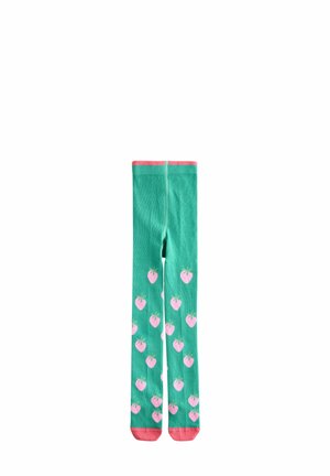 Grüne Strumpfhose mit einer gerippten Textur, versehen mit einem Muster aus pinken Erdbeeren sowie einem kontrastierenden pinken Bund und Fußakzenten.