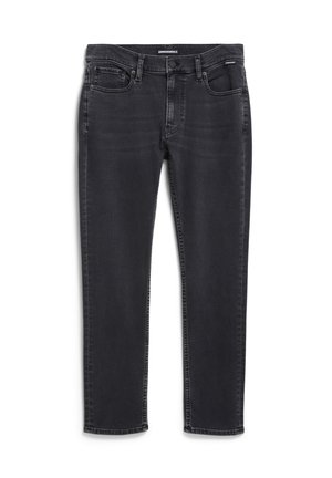 Jeans in denim nero con una vestibilità slim, design a cinque tasche e un leggero effetto sfilacciato. Presentano una chiusura con bottone e zip.