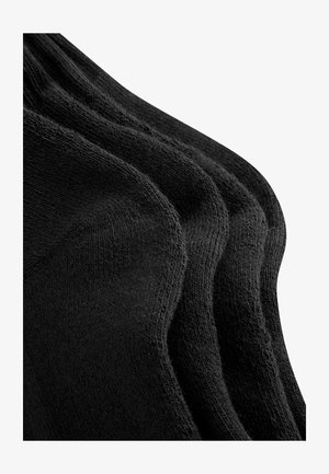 Čierne bavlnené ponožky s hladkou textúrou, zobrazené v stohovanom usporiadaní, ktoré ukazujú jemný pletený vzor a subtílne rebrované detaily.