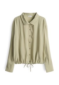 Lichtgroene blouse met knopen, kraag, lange mouwen, gegatherde onderkant en trekkoorddetail. Gemaakt van een gladde stof.