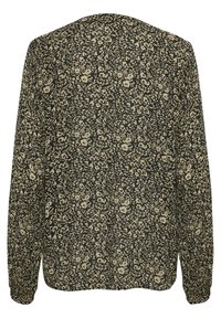 Zwart overhemd met bloemenpatroon en lange mouwen, voorzien van beige accenten en een losse pasvorm. Zachte stof met een gestructureerde afwerking.