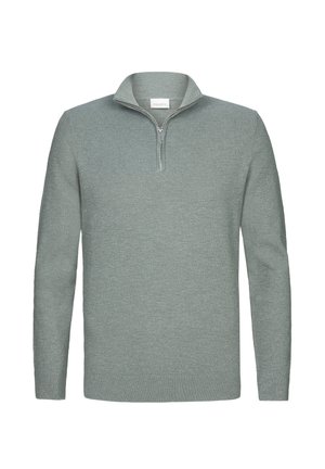 Light green knit sweater with a half-zip collar, long sleeves, and ribbed cuffs. Textured fabric detail throughout.