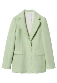 Limonkowo-zielona marynarka o fakturowanej strukturze, z wyciętym kołnierzem, zapinana na jeden perłowy guzik, z dwoma przednimi kieszeniami. Wykończona postrzępionymi krawędziami.