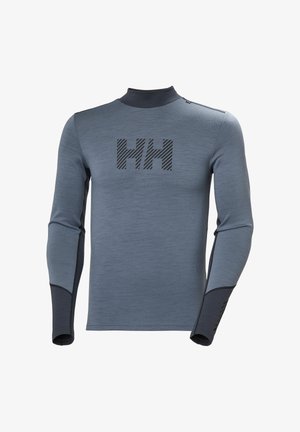 Grijze sportshirt met lange mouwen, donkere manchetten en kraag, met een groot gestreept "HH"-logo op de borst.
