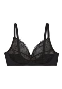 Soutien-gorge en dentelle noire avec un design floral transparent, soutien-gorge à armatures et bretelles réglables. Tissu doux avec des accents en satin et fermeture à crochet.