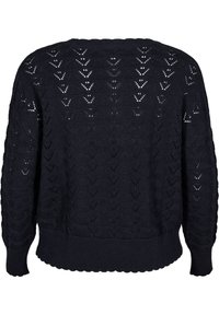 Pull en maille bleu marine avec un motif de point ouvert texturé, doté d'un col rond et de bords-côtes aux poignets, à l'ourlet et à l'empiècement.
