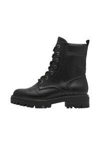 Bottines en cuir noir à lacets, à bout arrondi, avec semelle épaisse et talon renforcé. Présente des accents de couture et une languette de tirage.