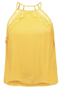 Top giallo senza maniche con dettagli in pizzo sulle spalle, vestibilità morbida e una texture del tessuto liscia.