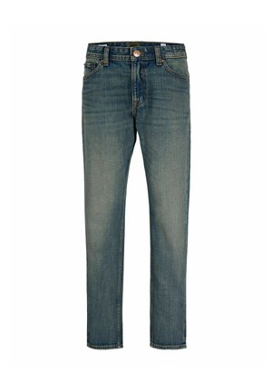 Jean en denim bleu droit avec poches avant, passants pour ceinture et fermeture par bouton à la taille.