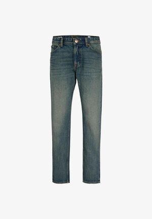 Jeans denim blu a gamba dritta con tasche anteriori, passanti per cintura e chiusura con bottone in vita.