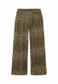 Pantalones de pierna ancha con estampado de leopardo en tonos marrón claro y marrón oscuro, con cierre de botón, bolsillos frontales y una textura suave.