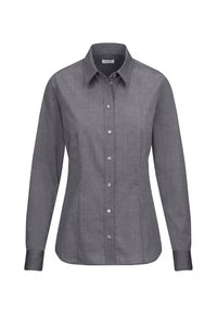 Camicia grigia con bottoni, maniche lunghe, colletto e tessuto leggermente strutturato. Presenta sei bottoni frontali e una vestibilità sagomata.