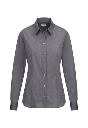 Camicia grigia con bottoni, maniche lunghe, colletto e tessuto leggermente strutturato. Presenta sei bottoni frontali e una vestibilità sagomata.