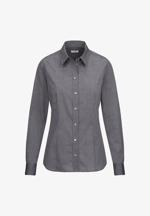 Camicia grigia con bottoni, maniche lunghe, colletto e tessuto leggermente strutturato. Presenta sei bottoni frontali e una vestibilità sagomata.