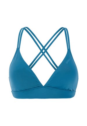 Teal bikini top met driehoekige cups, gekruiste rugbanden en een gladde textuur. Bevat gestikte naden voor duurzaamheid.