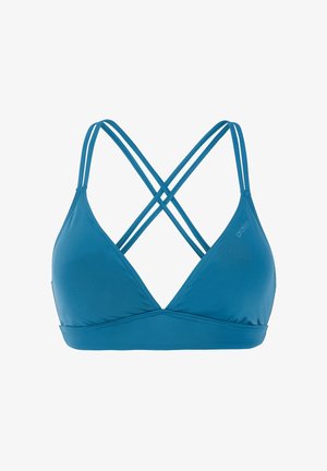 Teal bikini top met driehoekige cups, gekruiste rugbanden en een gladde textuur. Bevat gestikte naden voor duurzaamheid.