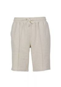 Beige katoenen shorts met een elastische tailleband, een trekkoord en twee zijzakken; hebben een gladde textuur en een knielange snit.
