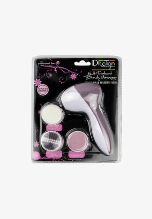 Masseur de beauté multi-traitements avec poignée et trois têtes faciales rondes interchangeables, emballé dans un packaging de vente au détail noir et rose.