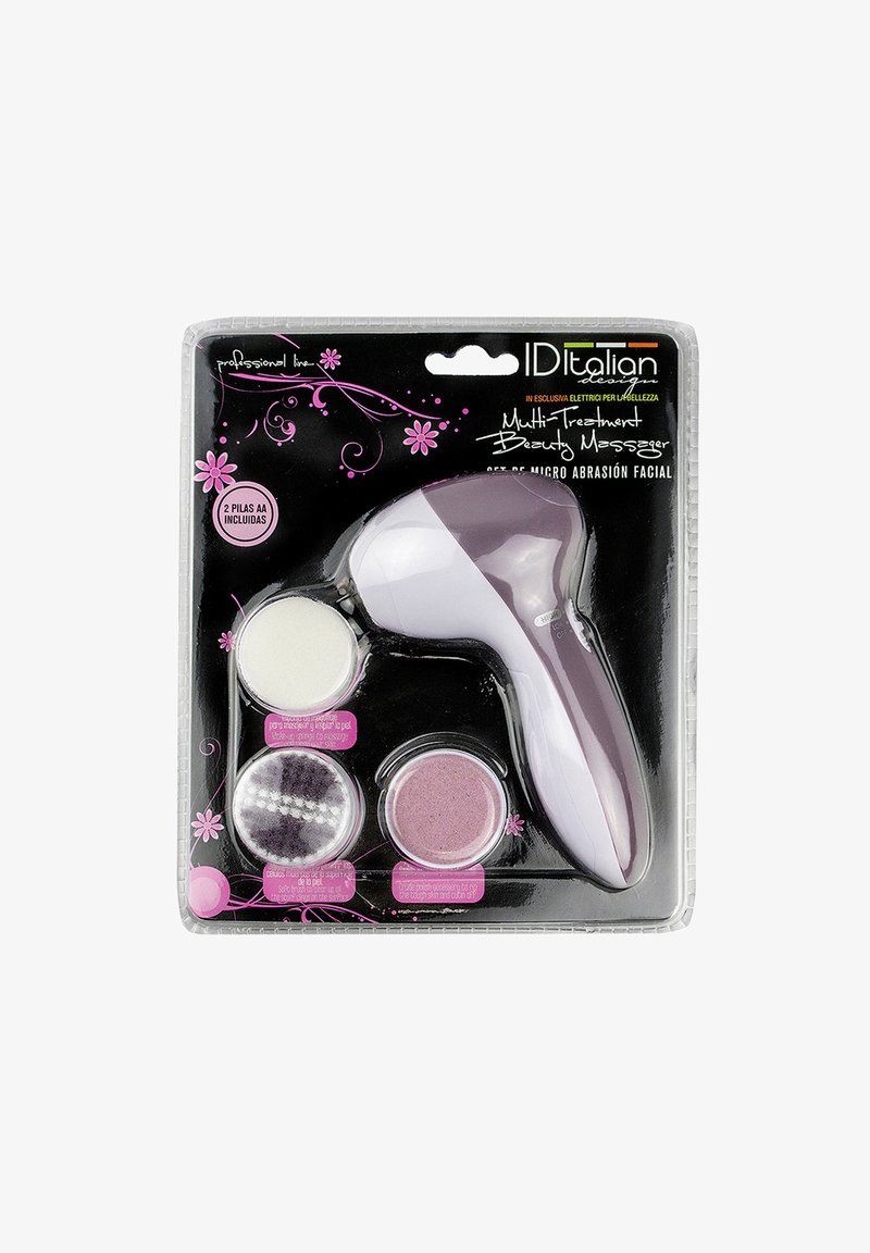 Masajeador de belleza multi-tratamiento con mango y tres cabezales faciales redondos intercambiables en embalaje minorista negro y rosa.