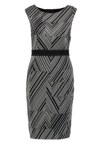 Černobílé šaty s geometrickým pruhovaným vzorem, bez rukávů, přiléhavého střihu a s pevným černým pasem.
