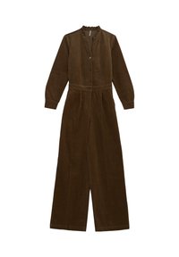 Brązowy kombinezon z korduroy z długimi rękawami, falbankowym kołnierzykiem, guzikami z przodu i szerokimi nogawkami. Tkanina ma miękką, fakturowaną powierzchnię.