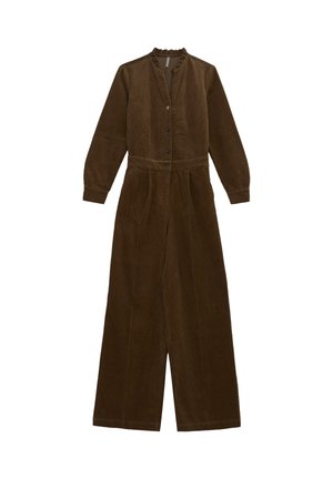Salopette in corduroy marrone con maniche lunghe, colletto arricciato, bottoni frontali e gambe larghe. Il tessuto ha una finitura morbida e testurizzata.